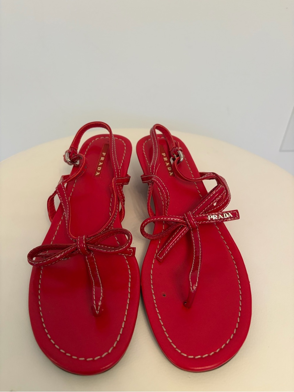 Prada Red Leather Bow Thong Sandals - Women